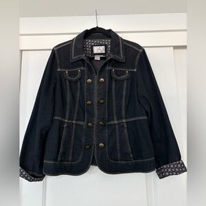 Tria Dark Denim Double-Breasted Jacket with Floral Cuffs